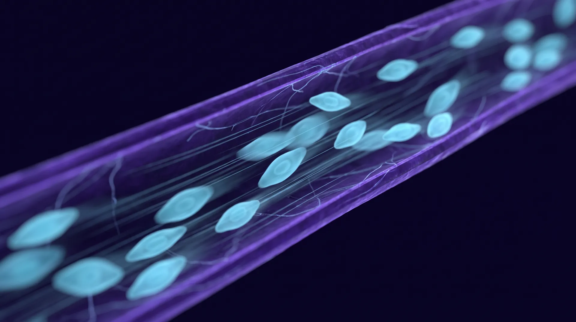 Macro abstraction of microvascular blood flow, individual cells moving as soft luminous forms through a vessel.