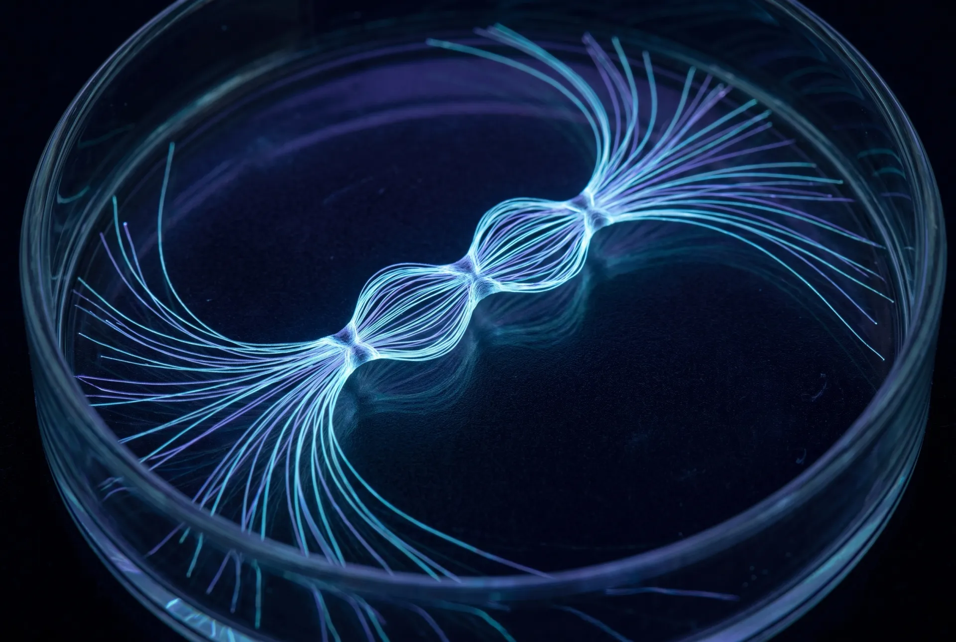 Anatomical abstraction of the cranial nerve pathway from brainstem to orbit, drawn as fine luminous filaments that visibly narrow where they pass through confined bony passages.