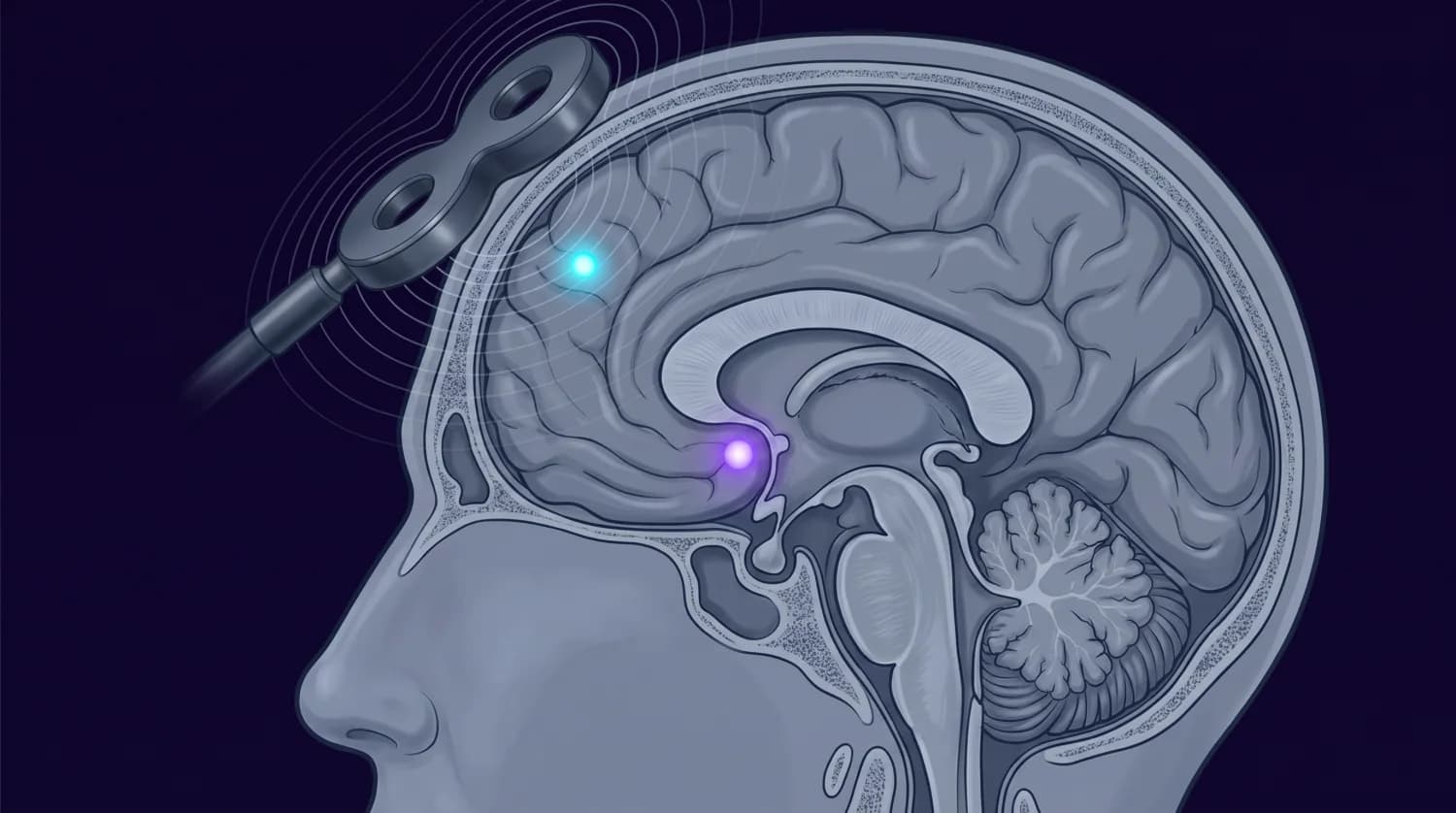 Sagittal cross-section of a human head in profile facing left. A figure-of-eight coil rests against the forehead, and faint field contours spread from it into only the outermost layer of frontal cortex before fading. A small bright point marks the dorsolateral prefrontal cortex just beneath the coil. A second, violet point sits far deeper in the midline, below the front curve of the corpus callosum, well beyond where the field reaches.
