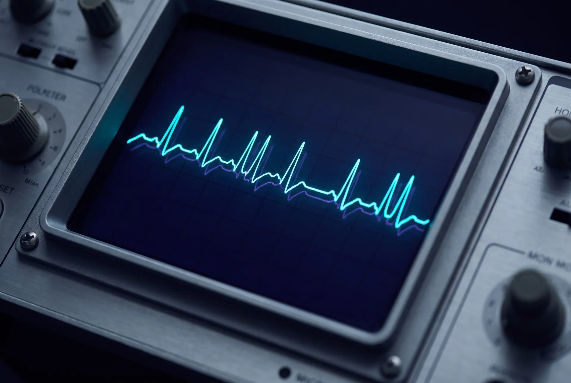 A single heart-rate-variability waveform drawn as one continuous luminous hairline, with visibly irregular beat-to-beat intervals.